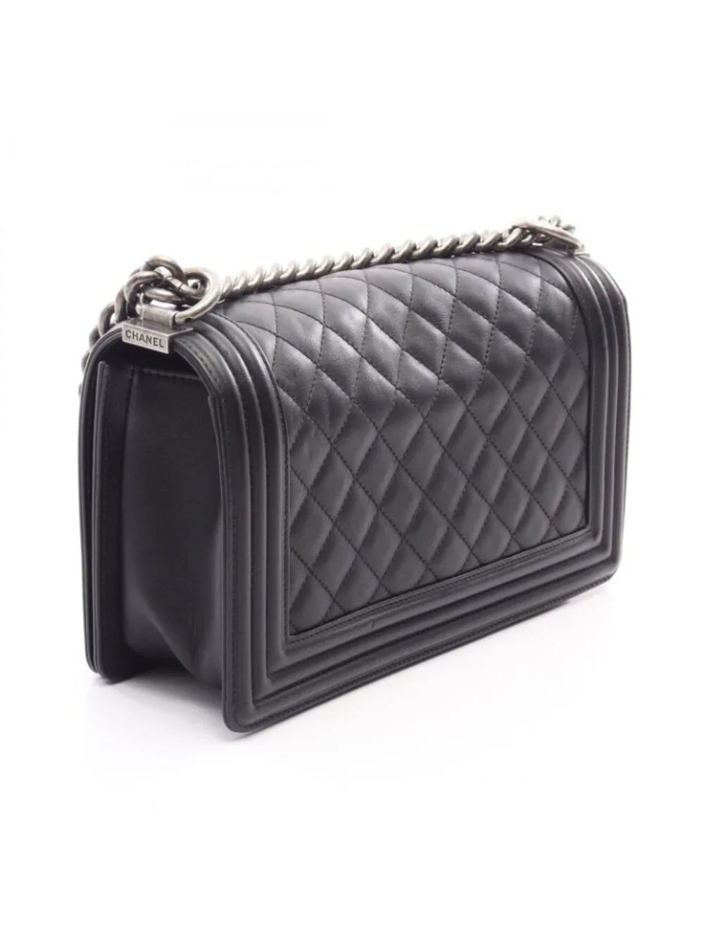 Chanel Shoulder Bag Boy Antique Silver Black Lambskin Boy Chain